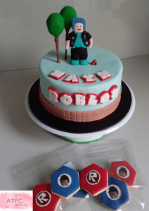 Roblox Birthday Cake matching hexagon character cookies